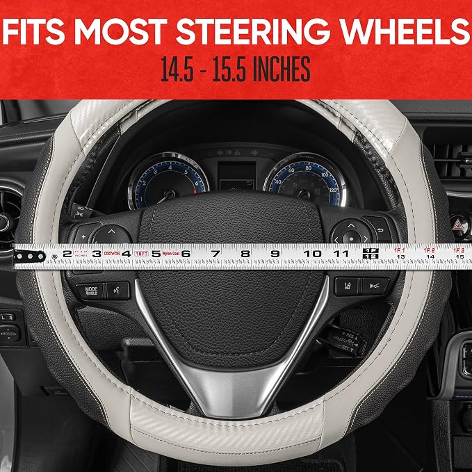 Motor Trend UltraSport White Carbon Fiber Steering Wheel Cover, Standard 15 inch Size, Black Faux Leather Comfort Grip, Car Steering Wheel Cover for Auto Truck Van SUV