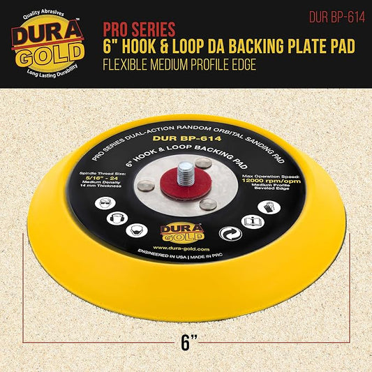 Dura-Gold Pro Series 6" Hook & Loop DA Backing Plate Pad - 14mm Thick Medium Profile Edge, Dual-Action Random Orbital Sanding Pad, 5/16" - 24 Threads - for Sander Polisher Auto Woodworking Sandpaper