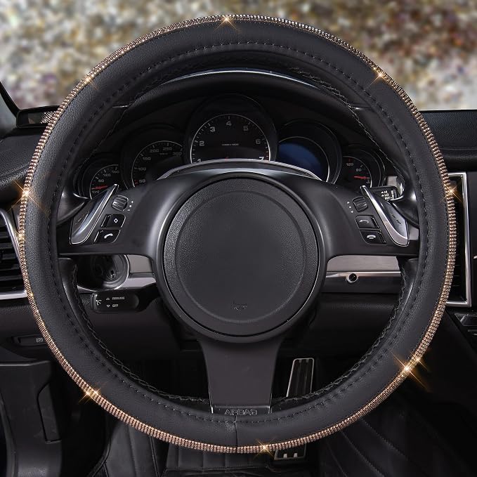 CAR PASS Bling Champagne Diamond Steering Wheel Cover, Black Leather Universal Fit 14.5-15inch Glitter Rhinestones for Women Sparkle Crystal Girly Shining for SUV,Vans,Sedan,Car,Truck, Black Champagne