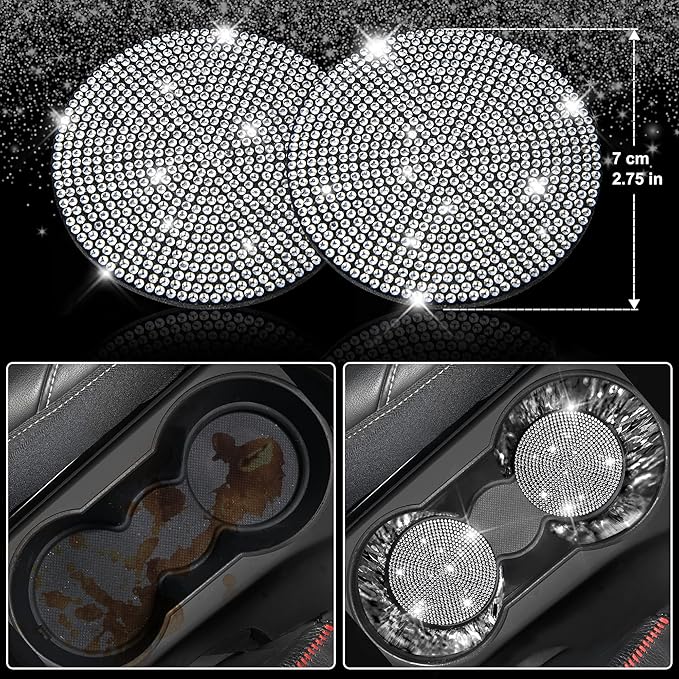 CAR PASS 11 PCS Bling Diamond Car Mats Set for Women Girls, Sparkly Rhinestone Steering Wheel Cover, Waterproof Floor Mats Universal Fit for SUV,Vans,Sedans,Trucks Anti-Slip, Interior Sets Silver