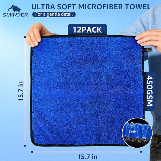 SMINDER 12-Pack Microfiber Cleaning Cloth, Car Drying Towels Car Detailing– XL Microfiber Towels for Cars, Trucks (15.7" x 15.7"), Ultra-Absorbent, Streak-Free, Scratch-Free, No Water Spots