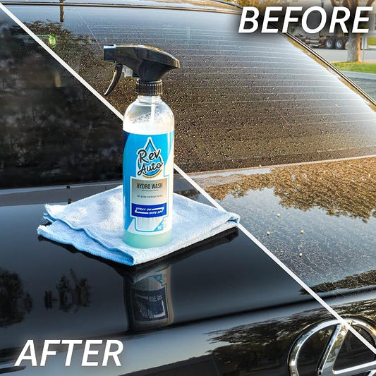 Rev Auto Waterless Car Wash Kit - Cleans Vehicles Without Water Source/Includes Two 16oz Waterless Wash Spray Cleaner and Microfiber Towels | Car Exterior Cleaner | No Rinse Car Wash Cleaning Spray