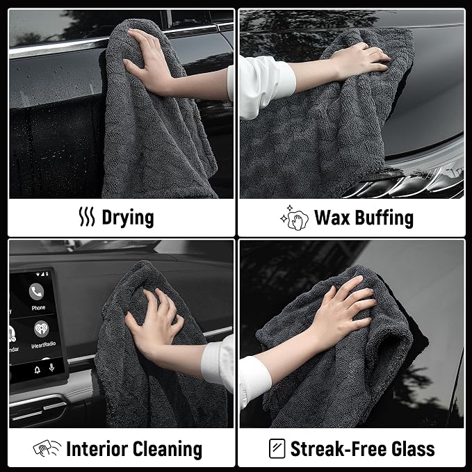 LIVOS 1000GSM Car Drying Towel, 18" x 24" Dual Sided Microfiber Towels for Cars, Ultra Absorbent Lint & Scratch-Free, Edgeless Twisted-Loop, Premium Wash Towel, Wave Grey