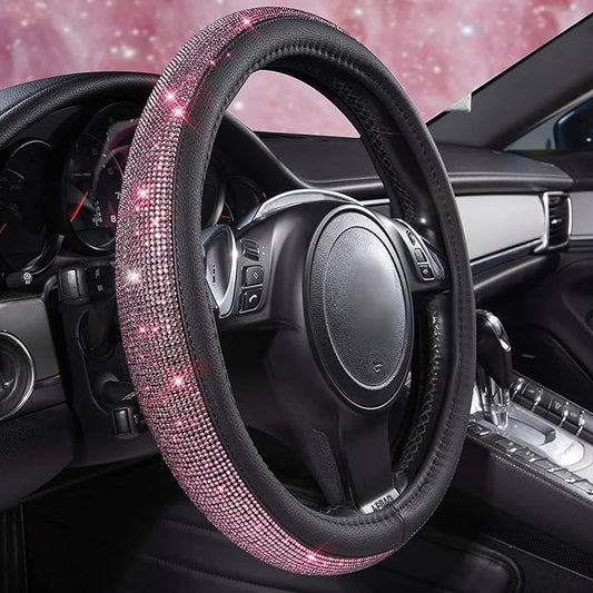 CAR PASS Bling Diamond Leather Steering Wheel Cover, Bling Sparkly Crystal Glitter Rhinestones Universal Fit 14" 1/2-15" Car Wheel Protect for Women Girl Fit Suvs,Vans,Sedans,Cars,Trucks, Pink Black