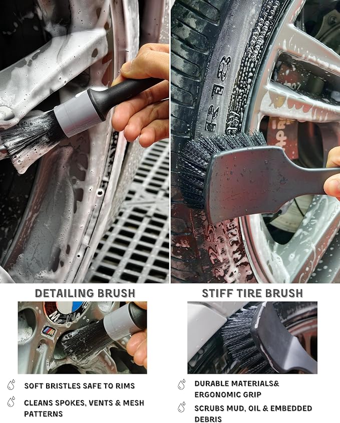 oesee 7PCS Pro-Grade Wheel Cleaning Kit: Long Handle Soft Wheel Brushes, Detailing Brush, Tire Scrubber, Wash Mitt, Hex-Logic Applicator & Microfiber Towel for Deep Car Detailing