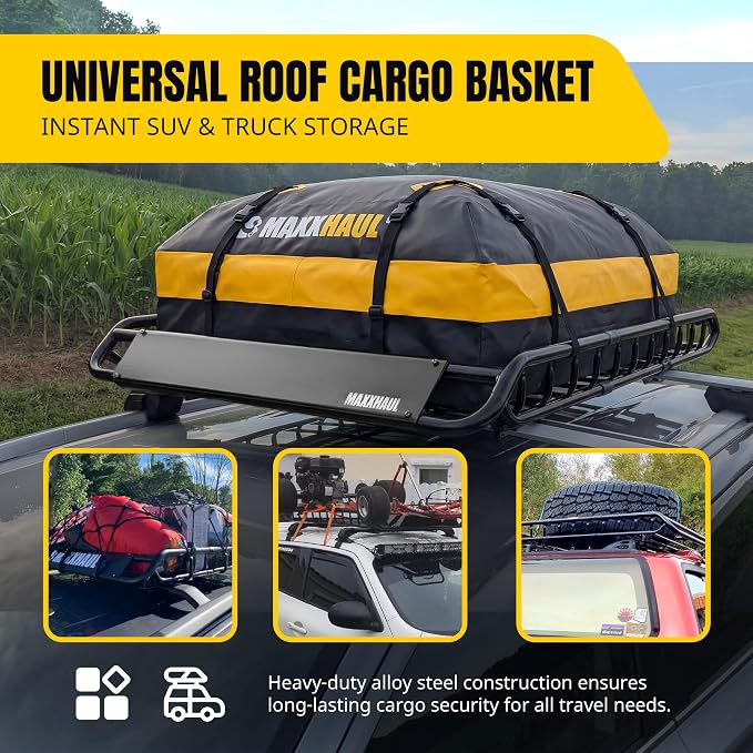 MaxxHaul Steel Roof Rack Cargo Basket, 46" x 36" x 4.5" Roof Top Carrier, Universal Fit for Cars, SUVs, Vans, and RVs, 150 lb Capacity, Weather-Resistant Easy-Install Cargo Storage (70115)