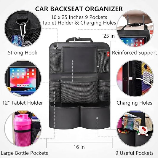 Backseat Car Organizer, backseat car organizer with 9 Pockets & Tablet Holder, Kick Mats for Car Seat Storage and Organization, 2 Pack, Black—Perfect for Travel.
