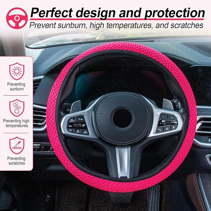 Alpmosn Elastic Stretch Steering Wheel Cover, Universal Interior Accessories Steering Wheel Cover for Women & Men, Breathable Microfiber Ice Silk, Anti-Slip, Odorless, Easy Carry(Rose Red)