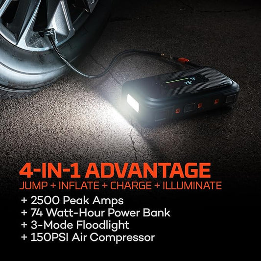 NEBO Assist 2500A Jump Starter & Air Compressor | 2500 Peak Amps, 74Wh Portable Car Jump Box for 12V Vehicles & Tire Inflator with Auto Shut-Off, Spark-Proof, USB-C Power Bank, Emergency LED Light