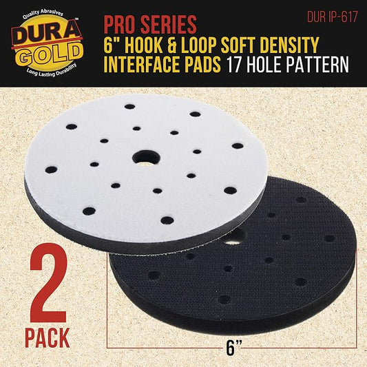 Dura-Gold Pro Series 6" x 10mm Soft Density Interface Sanding Pad, 17 Hole Pattern Dustless, 2 Pack - Hook & Loop Foam Cushion, Used Between Vacuum Sander Discs, Polisher Polishing Pads & Backing Pads
