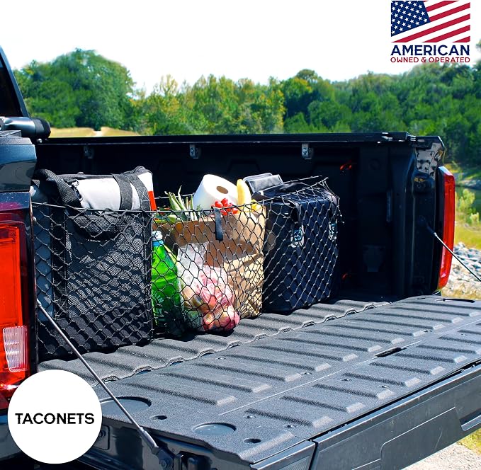 TacoNets Envelope Cargo Net for GMC Sierra & Chevy Silverado - Fits 2013-Current - Upgraded 5mm Bungee - Integrated Storage Bag - Heavy Duty Carabiners - Designed in USA