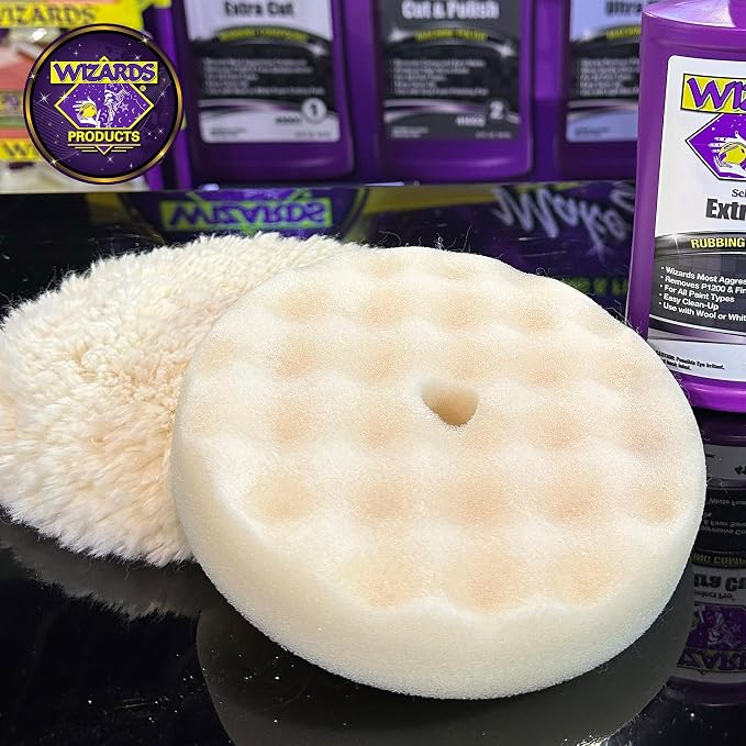 Wizards Aggressor Buffing Pad - Aggressive Cutting Action - Cuts with No Burns - Works with All Kinds of Compounds - Easy to Attach and Velcro Backed Buffing Pad - 8" x 1.75"