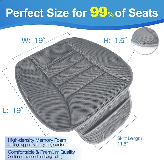 Lofty Aim Car Seat Cushion, Driver Cushion with Comfort Memory Foam & Non-Slip Rubber Bottom, Car Seat Pad Works with 95% of Vehicles and Office Chair or Home - 4D Dark Grey