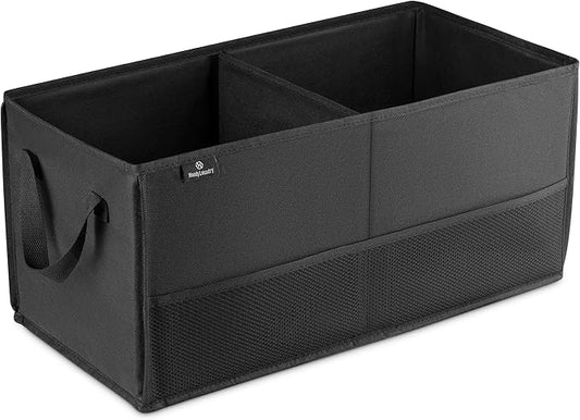 Handy Laundry Car Trunk Organizer – Large 2 Compartment Storage Bin with Non-Slip Fastener, Mesh Side Pockets & Heavy-Duty Handles, 22 x 10 x 11 in, Black – Prevents Shifting & Rolling