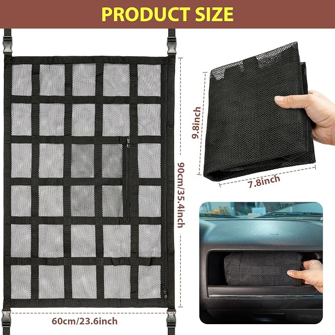 SUV Car Ceiling Cargo Net Pocket,35.4"x23.6" Double-Layer Mesh Car Roof Storage Organizer for Ford,F150,Jeep,Honda CRV,RAV4,Van Organizers and Storage,Camping Accessories