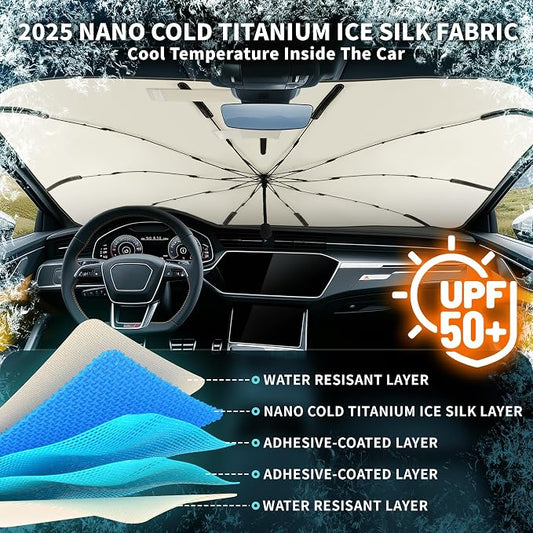 Car Windshield Sun Shade Umbrella, 57"*33", Foldable Sun Shade for Car Windshield Umbrella, UPF 50+ and Heat Protection, Nano Cold Titanium Ice Silk Fabric. Universal Portable