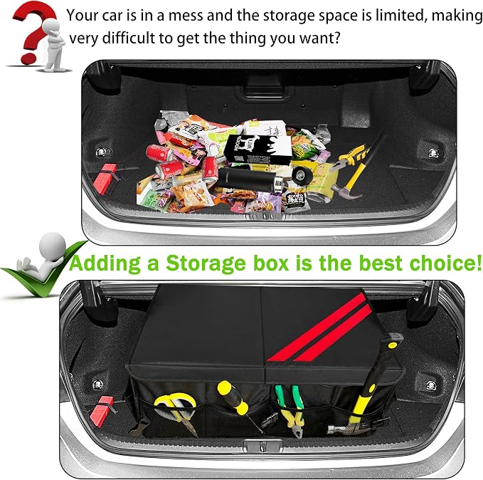 YOSRTER Car Trunk Organizer for Dodge Charger Durango Challenger Ram Collapsible Storage Box with Handle Foldable Lid Non Slip Bottom 2 Compartment Sturdy Base Panel for Dodge Accessories(Red Trim)