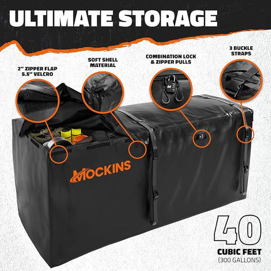 Mockins 40 Cu Ft XXL Hitch Cargo Carrier Bag Extra Wide 84"x24"x34" | 7 Ft Waterproof Trailer Hitch Storage & Truck Bed Cargo Bag | Heavy Duty Vehicle Soft-Shell Carriers w/ Lock, Straps & Case