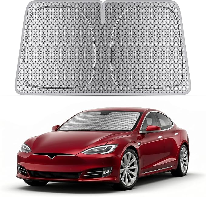 helloleiboo Windshield Sun Shade for Tesla Model S & Model X 2016-2026 Graphene Honeycomb Heat Shield with UV Protection Foldable Custom Fit Front Window Sunshade Silver 58" x 41"
