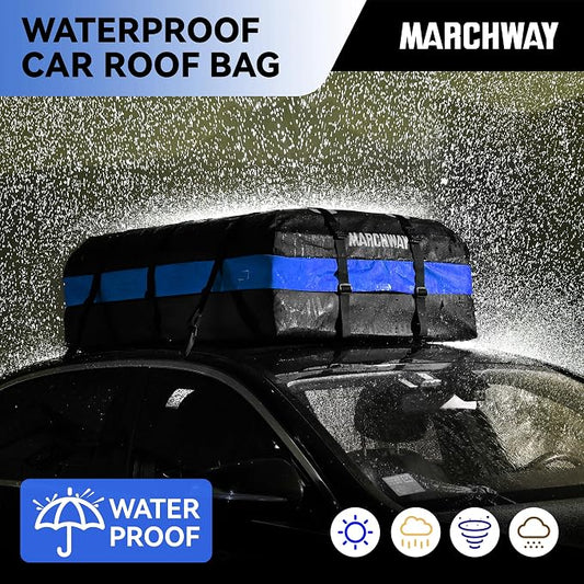 MARCHWAY Waterproof Car Roof Luggage Bag, Weatherproof Soft Shell Rooftop Cargo Carrier Bag for Vehicles with or Without Rack. 6 Door Hooks, Anti Slip Mat, Lock Included (21 Cubic Feet, Blue)