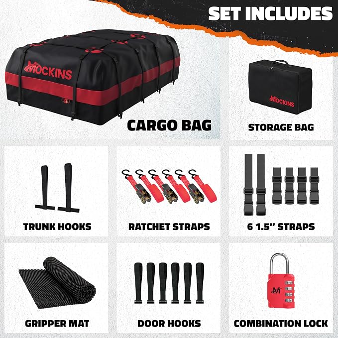 Mockins 45 Cu Ft XL Waterproof Rooftop Cargo Bag 75"x48"x22" | Car Roof Cargo Carrier Bag for Use with or without Roof Rack | Vehicle Soft-shell Carriers w/ Mat, Lock, Hooks, Straps & Case