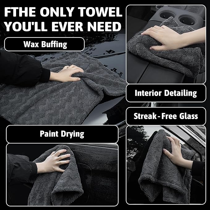Greenfound 1000GSM Car Drying Towel 18"x24", Edgeless Double Twist Pile, Ultra Absorbent Microfiber Towel, Scratch-Free Lint-Free Streak-Free for Auto Detailing & Car Wash – Check Silver&Grey