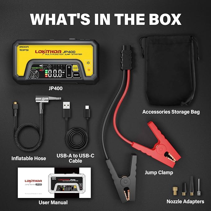 LOKITHOR JP400 Jump Starter with Air Compressor, 2500A 12V Portable Car Battery Booster Pack (8.5L Gas/6.5L Diesel) with ConnectMax Tech, 150PSI Tire Inflator, Auto-Shutoff & Dynamic Dwell (Yellow)