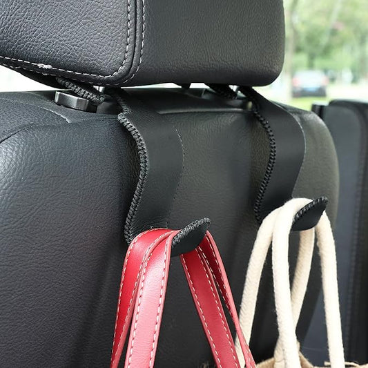 Amooca Car Seat Headrest Hook 4 Pack Metal Core Hanger Universal Car Storage Organizer for Handbag Purse Coat S Type Leather Black