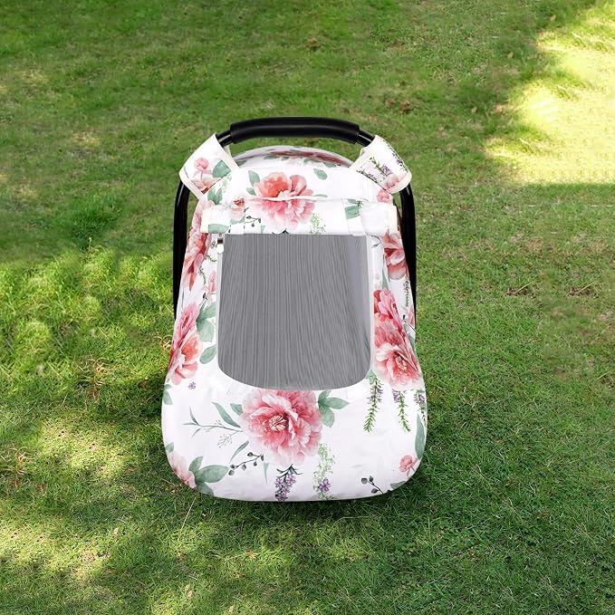 Baby Carseat Cover Girls, Pea Pod Floral Infant Car Seat Covers Canopy for Newborn with 2 Layers Windows of Breathable Mesh/Fabric, Lightweight Polyester/Minky Dot Backing, Snug Fit Most Baby Car Seat