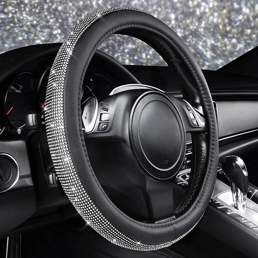 CAR PASS Diamond Black Leather Steering Wheel Cover, with Bling Crystal Rhinestones Universal Fit 14" 1/2-15" Crystal Glitter for Women Sparkle Girl Fit Suvs,Vans,Sedans,Cars,Trucks, White Diamond