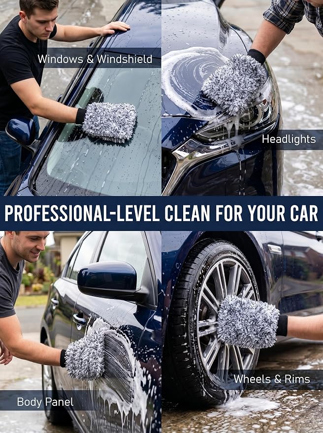 TAKAVU Car Wash Mitt Scratch Free, 2 Pack Microfiber Wash Mitts for Auto Detailing, Soft Lint Free Cleaning Gloves, Holds Sudsy Water, Machine Washable (Black & White)