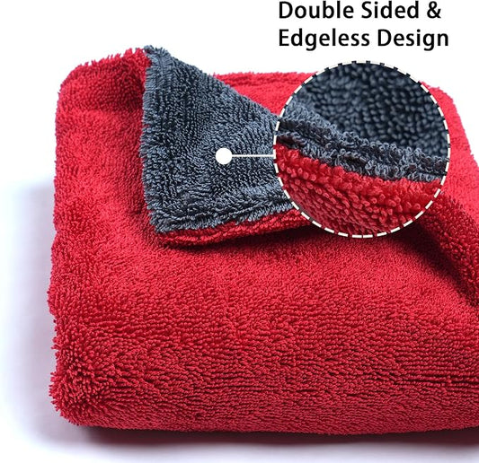 Greenfound 1000GSM Car Drying Towel 18"x24", Edgeless Double Twist Pile, Ultra Absorbent Microfiber Towel, Scratch-Free Lint-Free Streak-Free for Auto Detailing & Car Wash – Red&Grey