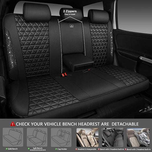CAR PASS Bling Back Seat Cover, Waterproof Leather Bench Rear Seat Cover Shining Diamond Truck Glitter Crystal Sparkly Rhinestone Universal Fit Armrest Automotive Kid Women Girl, Black Diamond