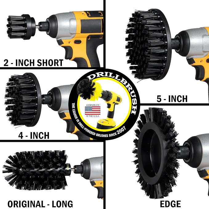 Drill Brush Power Scrubber by Useful Products - 5 Piece Black Drillbrush Ultra Stiff Cleaning Brushes Set - Non Metal Grill Brush Attachment Kit for Cordless Drill - Nylon Grill Grate Cleaner Brushes
