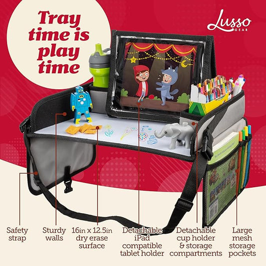 Lusso Gear Lap Tray for Toddler and kids, Table Tray for Travel, Car Seat, Airplane, Desk Essential Accessories and Road Trip Activities (Gray)
