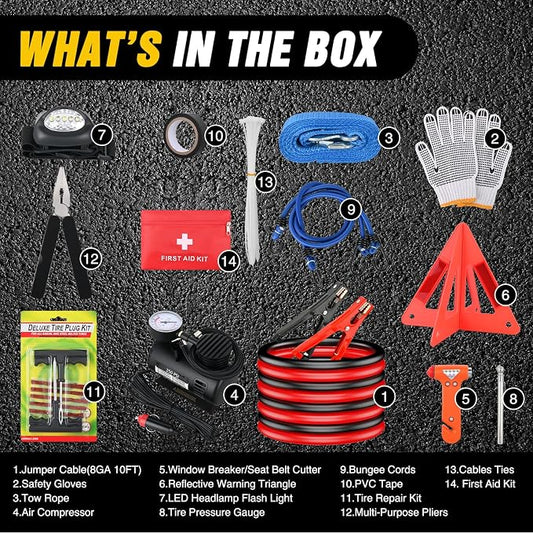 Nilight Car Emergency Kit with Jumper Cable, First Aid Kit Safety Assistance Tools for Travel Camping Outdoor Cars Truck SUV RV, Roadside Essentials with Flash Light