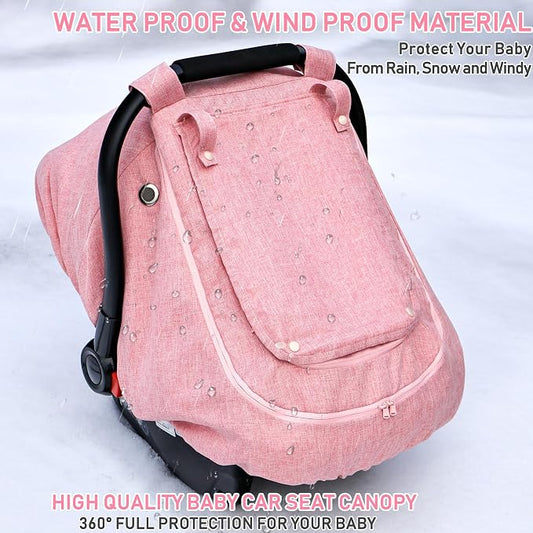 Waterproof Baby Car Seat Cover,YVMVDV Patented Pink Cold Weather Carseat Cover for Babies,Infant Car Seat Cover Canopy for Girls, Windproof Car Seat Canopy for Girls, Keeps Babies Warm and Cozy