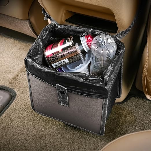 KMMOTORS Jopps Car Trash Can – Compact Foldable Bin with Strap, PU Leather & Oxford, Waterproof, Space-Saving, Simple Modern Design, Mounts on Headrest, Console, Gear Shift (Medium, Gray)