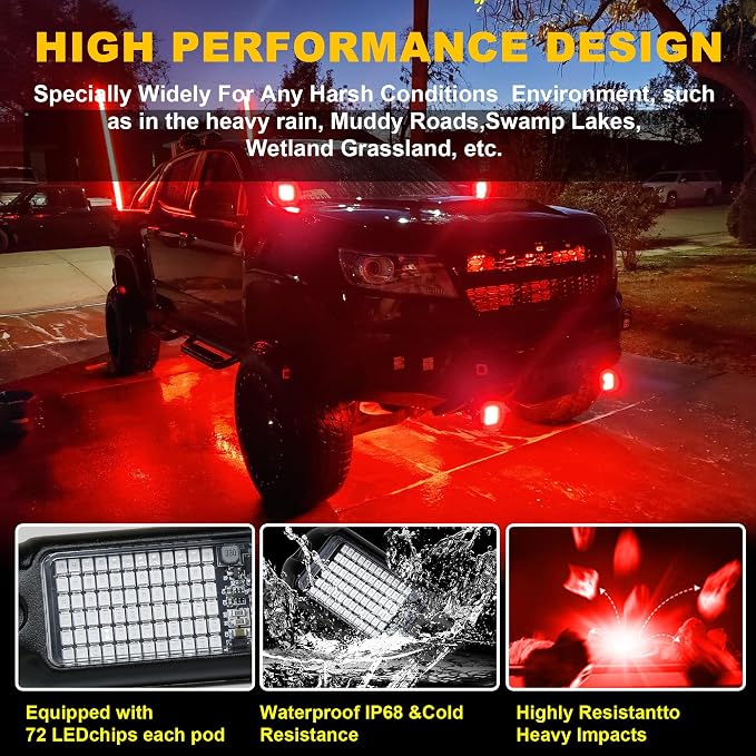 Nicoko 4Pods Pure Red LED Rock Lights 72 pcs LEDs high Power Rock Lights Neon Underglow Light for Car Trucks ATV UTV SUV Boat Underbody Glow Trail Rig Lights IP68 Waterproof