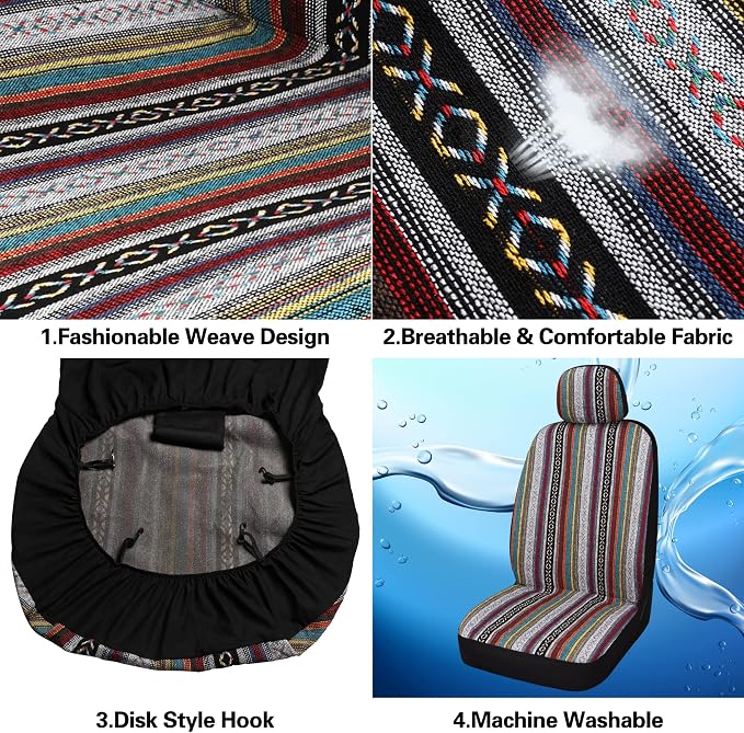HAIYAOTIMES Baja Saddle Blanket Car Seat Covers Full Set with Seat Belt Pads, Washable Breathable Seat Covers for Cars, Universal Fit Interior Covers for Most Sedan Truck SUV, Airbag Compatible, Red