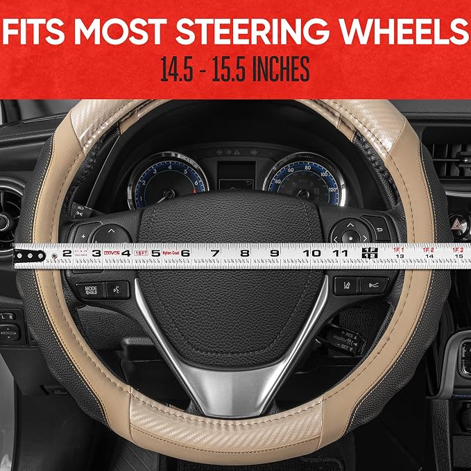 Motor Trend UltraSport Beige Carbon Fiber Steering Wheel Cover, Standard 15 inch Size, Black Faux Leather Comfort Grip, Car Steering Wheel Cover for Auto Truck Van SUV