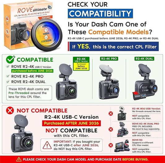 ROVE Ultimate CPL Filter, Anti-Glare Circular Polarizer Lens for ROVE R2-4K, R2-4K PRO, and R2-4K Dual Dash Cam Models