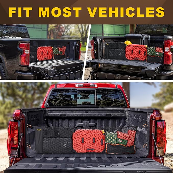 BUMBEE Envelope Style Trunk Cargo Net Compatible with Chevy Silverado 2013-2024 Accessories, Heavy Duty Carabiners Highly Elastic Truck Bed Mesh Cargo Net(16.9" X 52.56" to 66.93")
