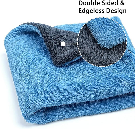 Greenfound 1000GSM Car Drying Towel 18"x24", Edgeless Double Twist Pile, Ultra Absorbent Microfiber Towel, Scratch-Free Lint-Free Streak-Free for Auto Detailing & Car Wash – Blue&Grey