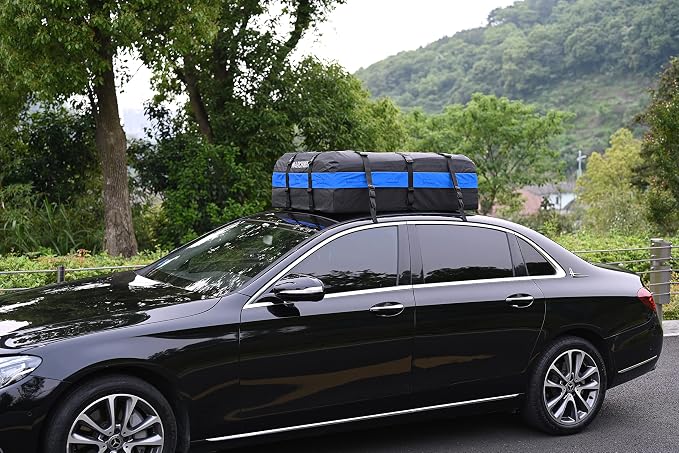 MARCHWAY Waterproof Car Roof Luggage Bag, Weatherproof Soft Shell Rooftop Cargo Carrier Bag for Vehicles with or Without Rack. 6 Door Hooks, Anti Slip Mat, Lock Included (21 Cubic Feet, Blue)