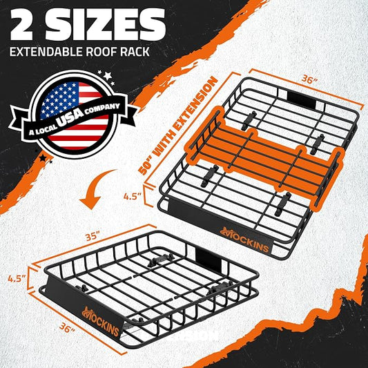 Mockins 50"x36"x4.5" Extendable Car & SUV Rooftop Cargo Carrier 250Lbs Cap | Heavy Duty Roof Rack Basket | Car Topper Luggage Carrier Waterproof & All-Weather Steel Set with Ratchet Straps & Cargo Net