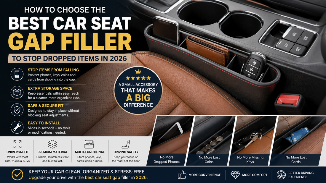 Car seat gap filler installed between a front seat and center console to prevent phones, keys, coins, and small items from falling while adding convenient storage
