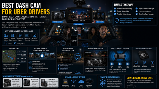 Uber driver using a triple-camera dash cam system during nighttime rideshare driving