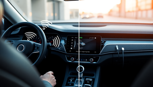 Wireless CarPlay vs Wired CarPlay comparison showing wireless and USB Apple CarPlay connections inside a modern vehicle dashboard
