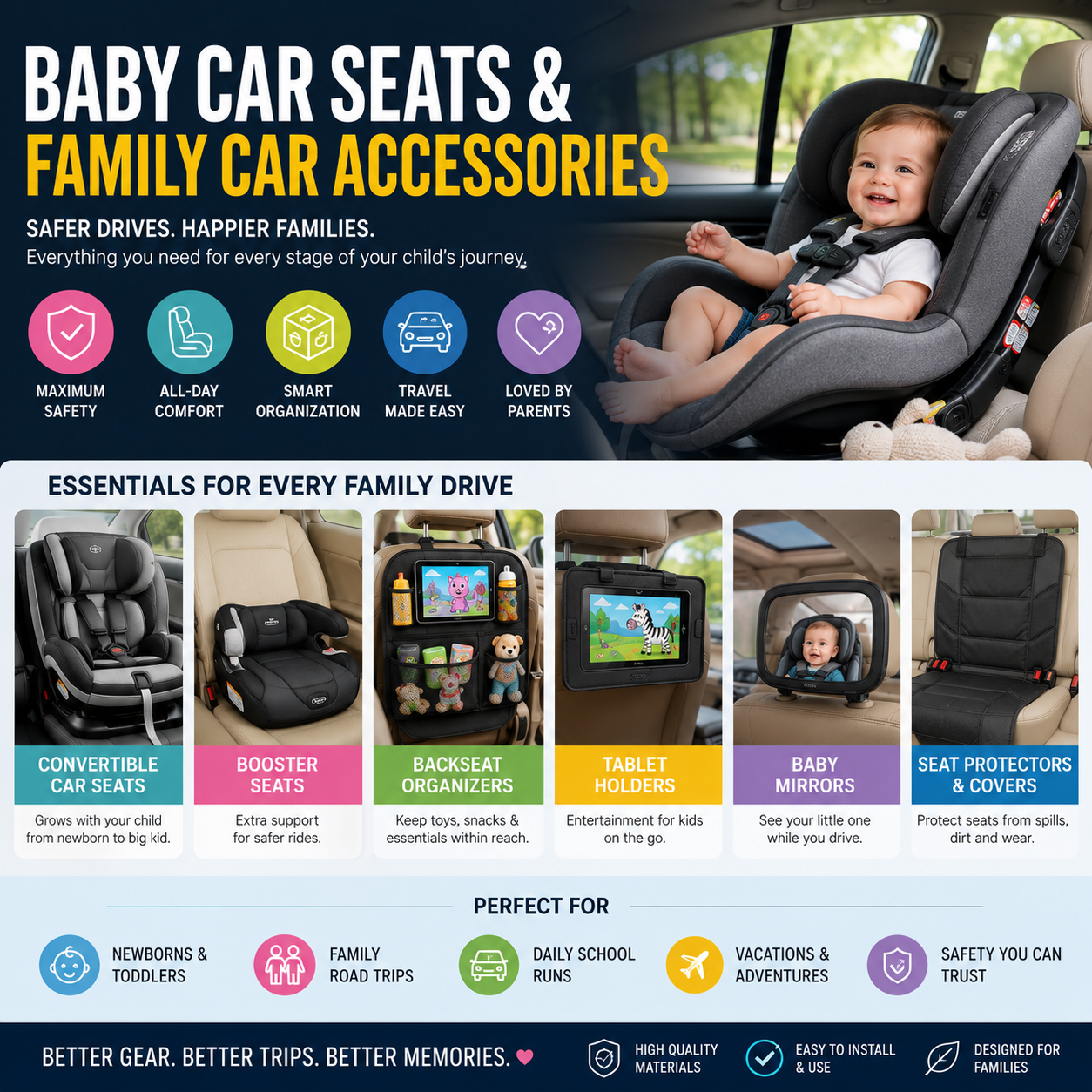Baby car seats and family car accessories including convertible car seats booster seats backseat organizers tablet holders baby mirrors seat protectors and family travel essentials